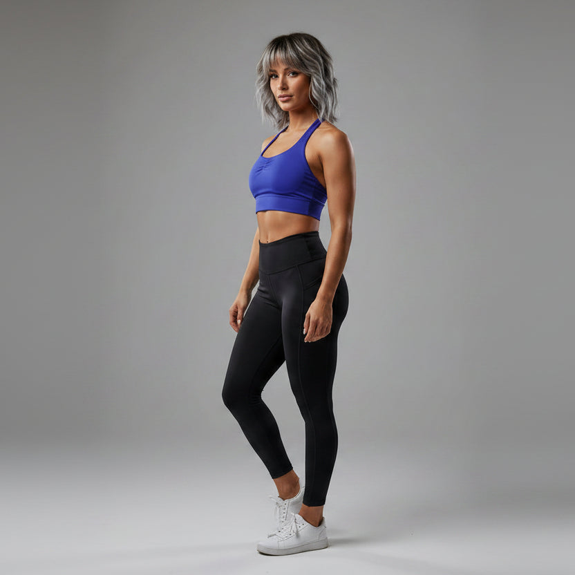 Women’s dark blue halter neck gym top with fitted activewear style - AresFit