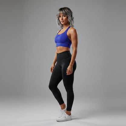 Women’s dark blue halter neck gym top with fitted activewear style - AresFit