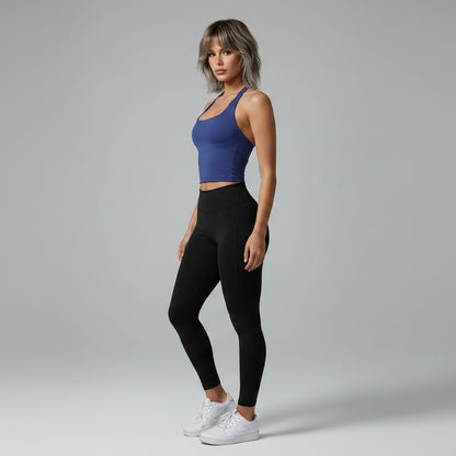 Women’s blue halter neck gym top with breathable activewear fit - AresFit