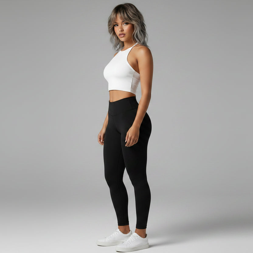 Women’s white halter neck gym top with seamless fitted style - AresFit