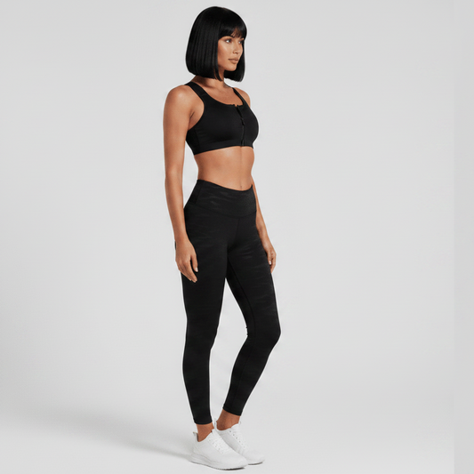 Women’s black high support gym sports bra front view for training and cardio workouts - AresFit
