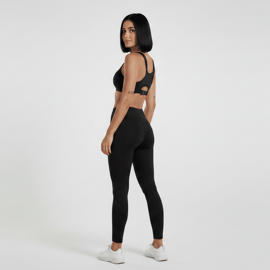 Black women’s high support running sports bra side profile with supportive stretch fit - AresFit