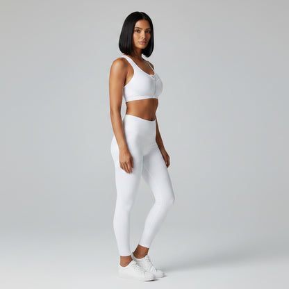 White women’s gym sports bra side profile with breathable stretch fabric - AresFit