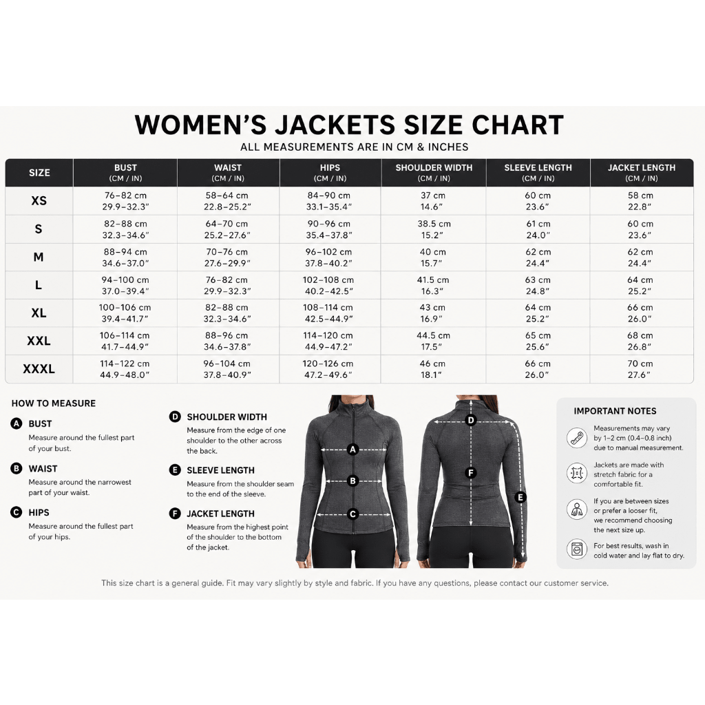 Women's Jacket Size Chart- AresFit
