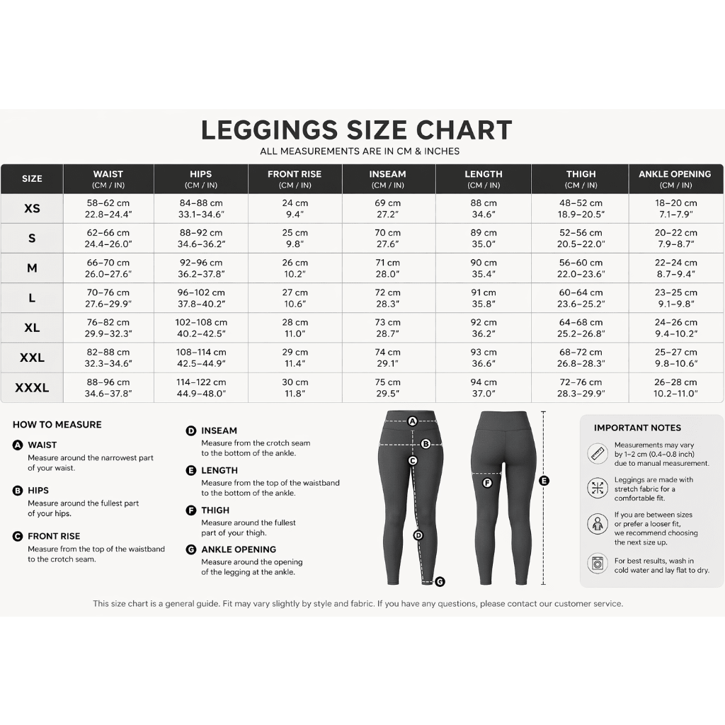 Leggings size chart with measurements for various sizes-Aresfit