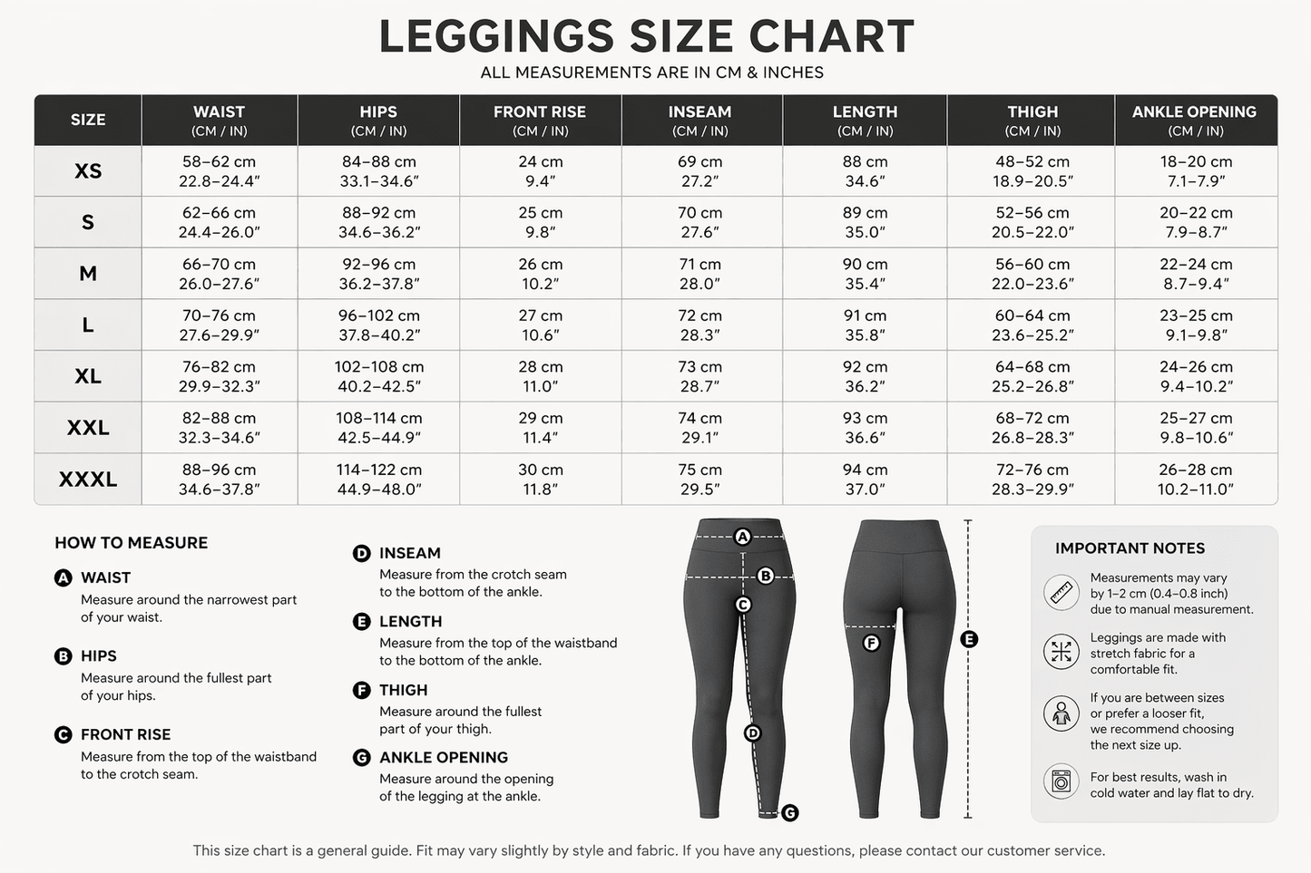 Leggings size chart with measurements for various sizes-Aresfit