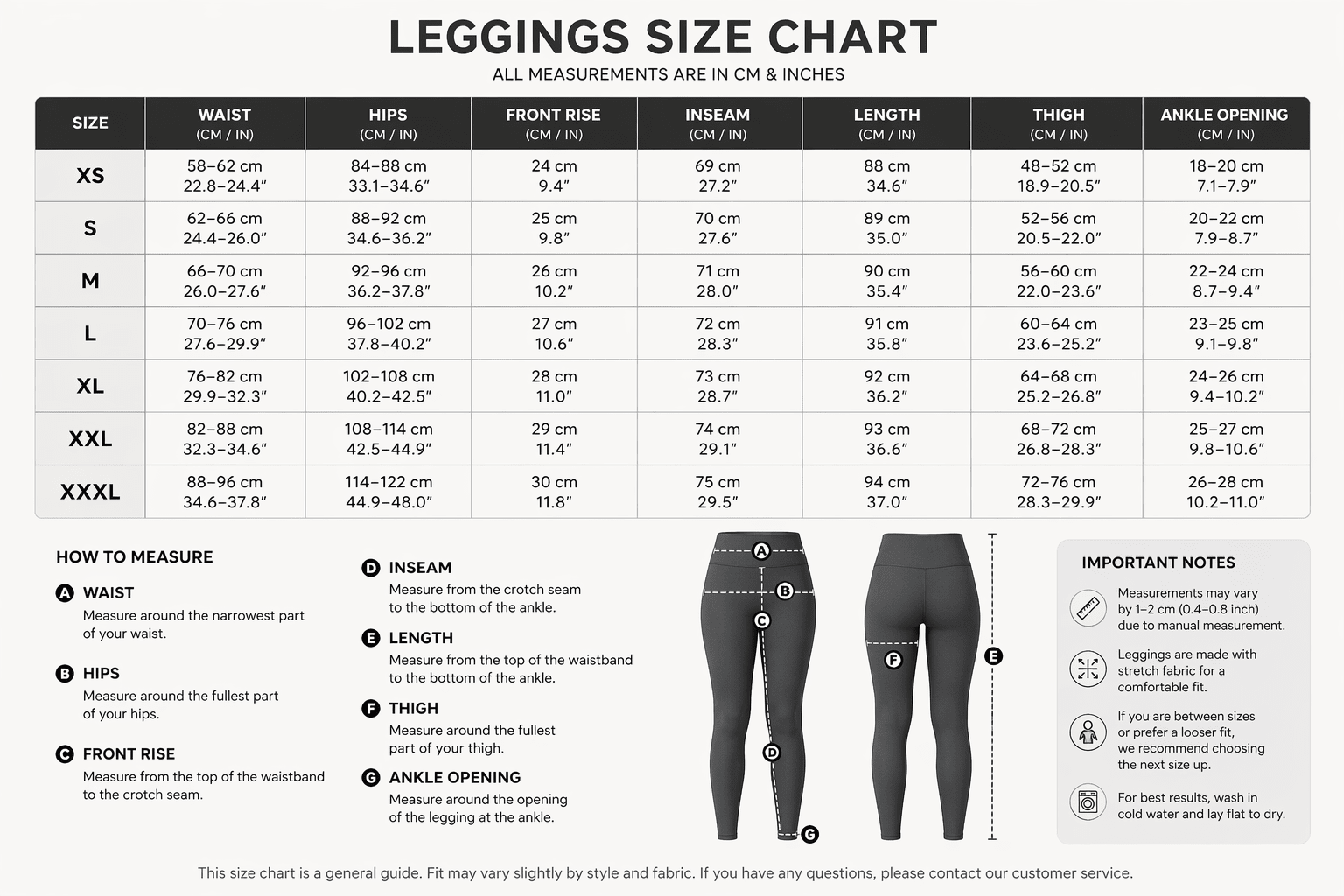 Leggings size chart with measurements for various sizes-Aresfit