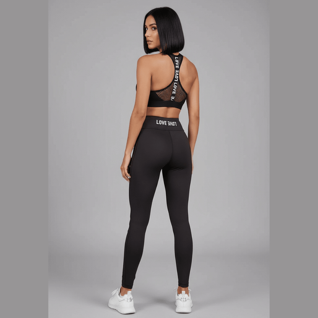 Women’s black racerback sports bra rear view with letter back detail for gym training - AresFit