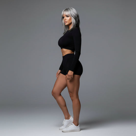 Women’s black long sleeve gym set with fitted crop top and shorts - AresFit