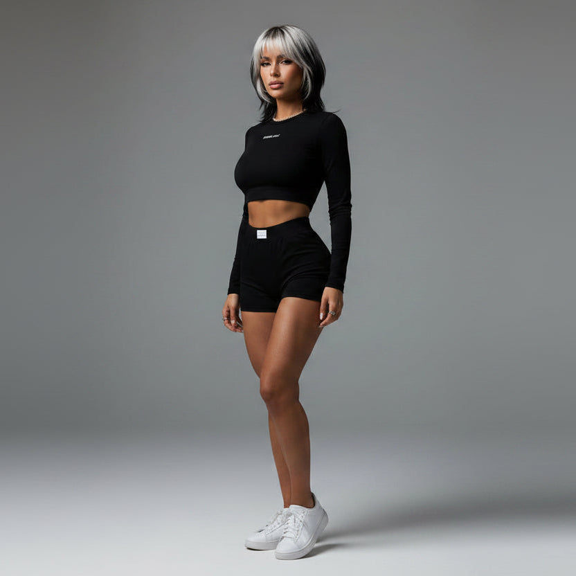 Women’s black long sleeve activewear set with fitted gym shorts - AresFit