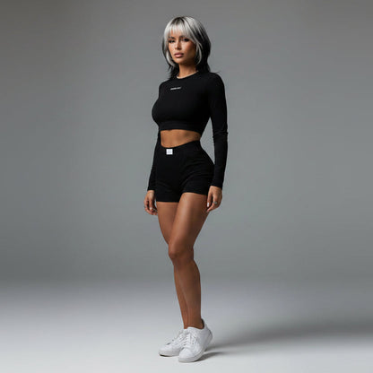 Women’s black long sleeve activewear set with fitted gym shorts - AresFit