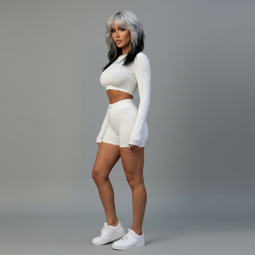 Women’s white long sleeve workout set with fitted activewear shorts - AresFit