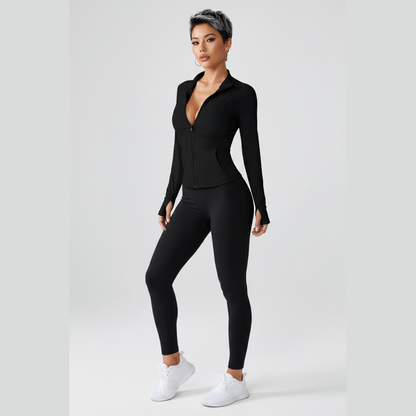 Women’s black long sleeve zip jacket with fitted gym activewear style - AresFit