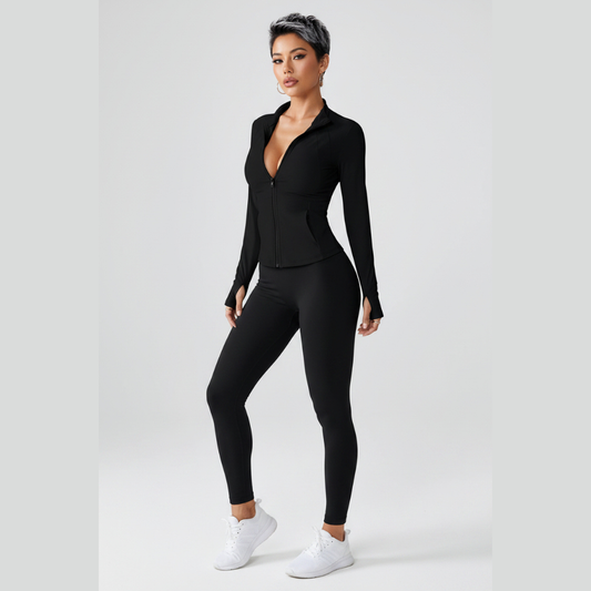 Women’s black long sleeve zip jacket with fitted gym activewear style - AresFit