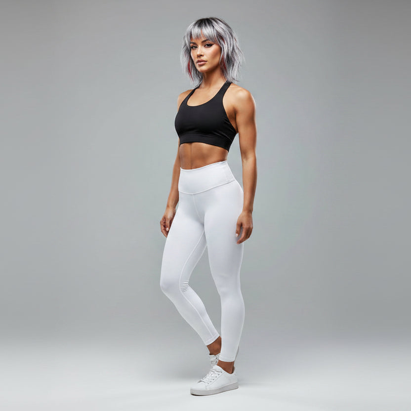 Women’s black longline halter tank top with white leggings workout style - AresFit