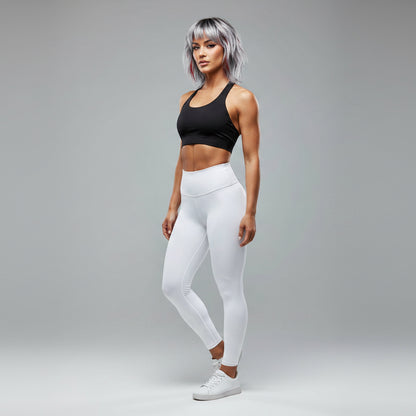 Women’s black longline halter tank top with white leggings workout style - AresFit