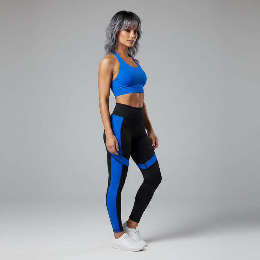 Women’s blue longline halter tank top with black leggings workout fit - AresFit