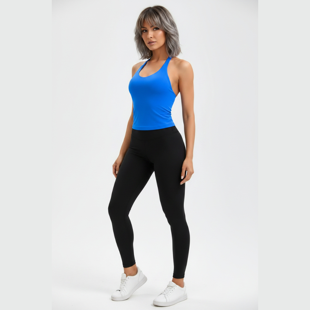 Women’s blue longline halter tank top with seamless activewear fit - AresFit