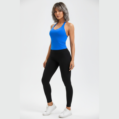 Women’s blue longline halter tank top with seamless activewear fit - AresFit