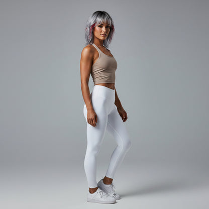 Side view of women’s blue longline halter tank top with activewear fit - AresFit