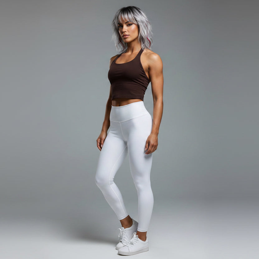 Women’s brown longline halter tank top with seamless activewear fit - AresFit