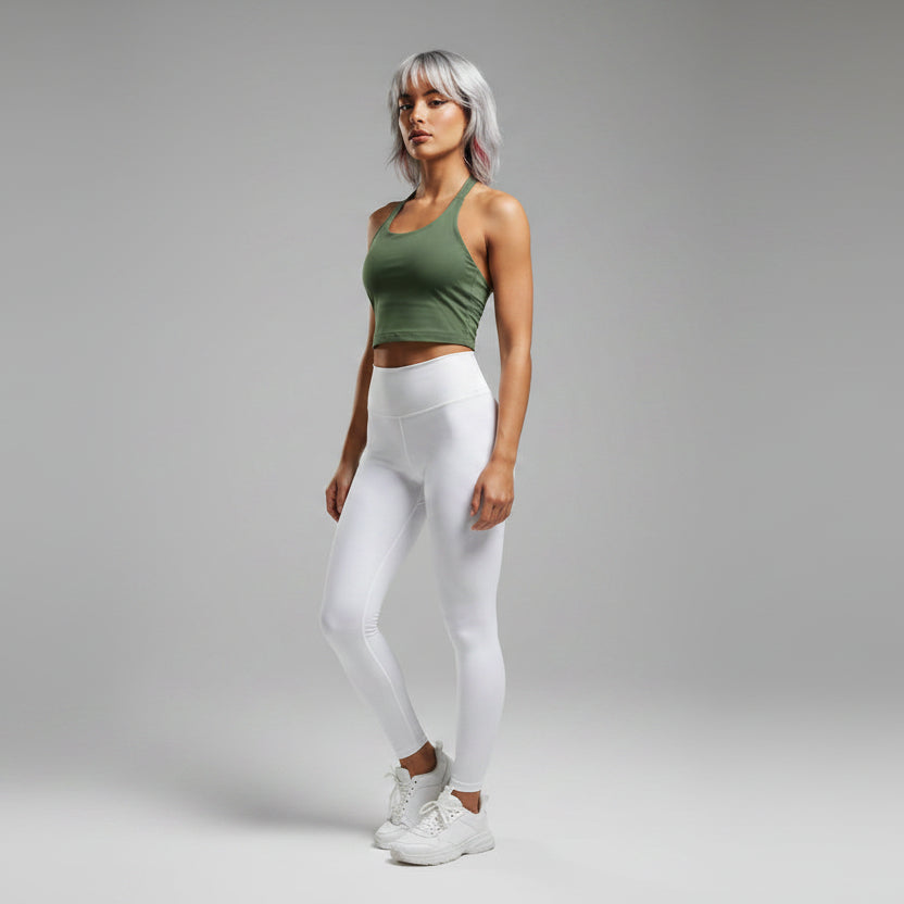 Women’s green longline halter tank top with breathable seamless style - AresFit
