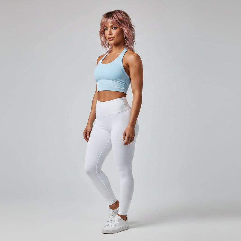 Women’s light blue longline halter tank top with seamless activewear fit - AresFit