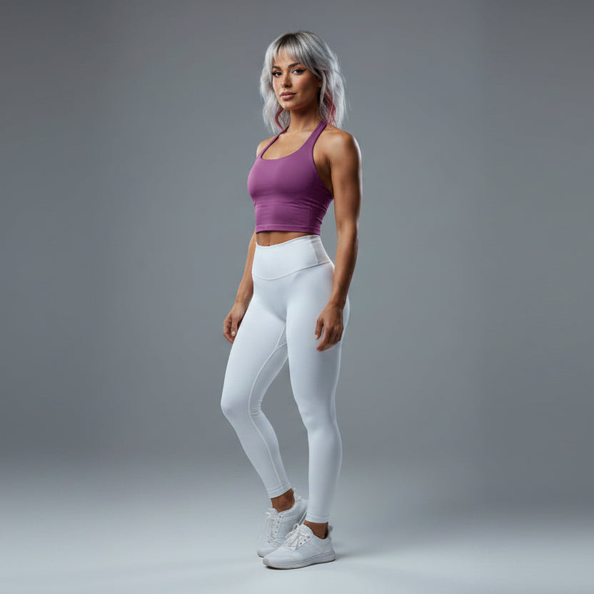 Women’s purple longline halter tank top with seamless fitted style - AresFit