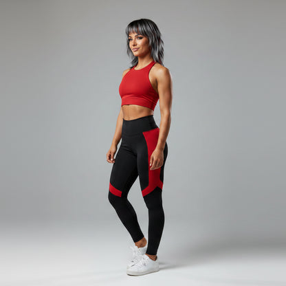 Women’s red longline halter tank top with fitted gym activewear style - AresFit