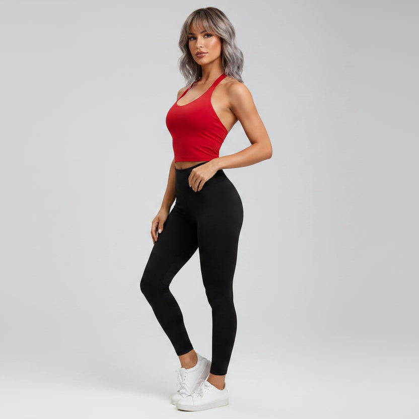 Women’s red longline halter tank top with fitted workout style - AresFit