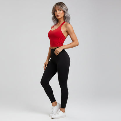 Women’s red longline halter tank top with fitted workout style - AresFit