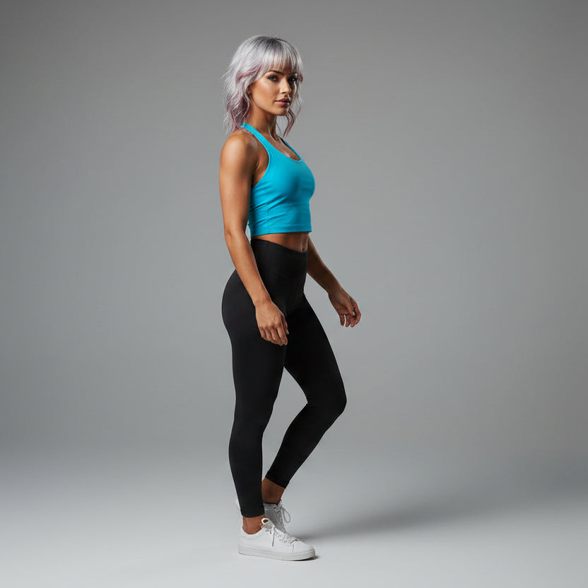 Women’s turquoise longline halter tank top with fitted gym style - AresFit