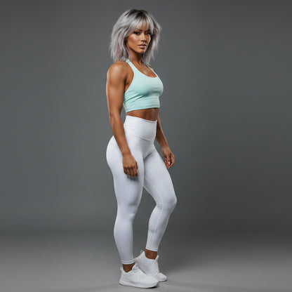 Women’s white longline halter tank top with grey leggings activewear style - AresFit