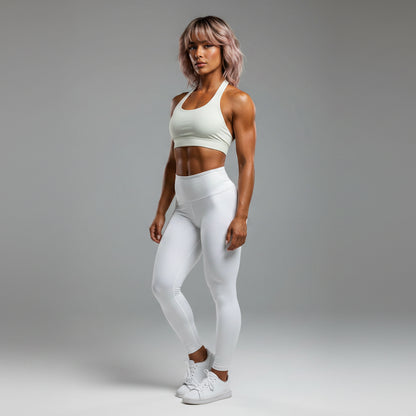 Side view of women’s white longline halter tank top with fitted workout style - AresFit