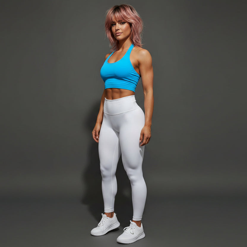 Women’s blue longline halter top with fitted gym activewear fit - AresFit