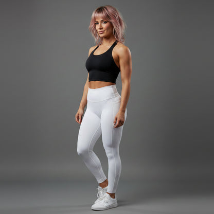 Side view of women’s blue longline halter top with breathable gym style - AresFit