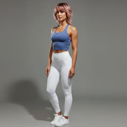 Women’s blue longline halter top with white leggings workout style - AresFit