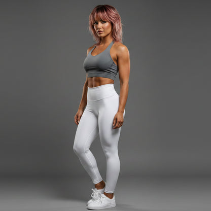 Side view of women’s grey longline halter top with activewear fit - AresFit