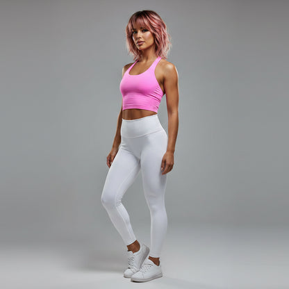 Side view of women’s pink longline halter top with activewear fit - AresFit