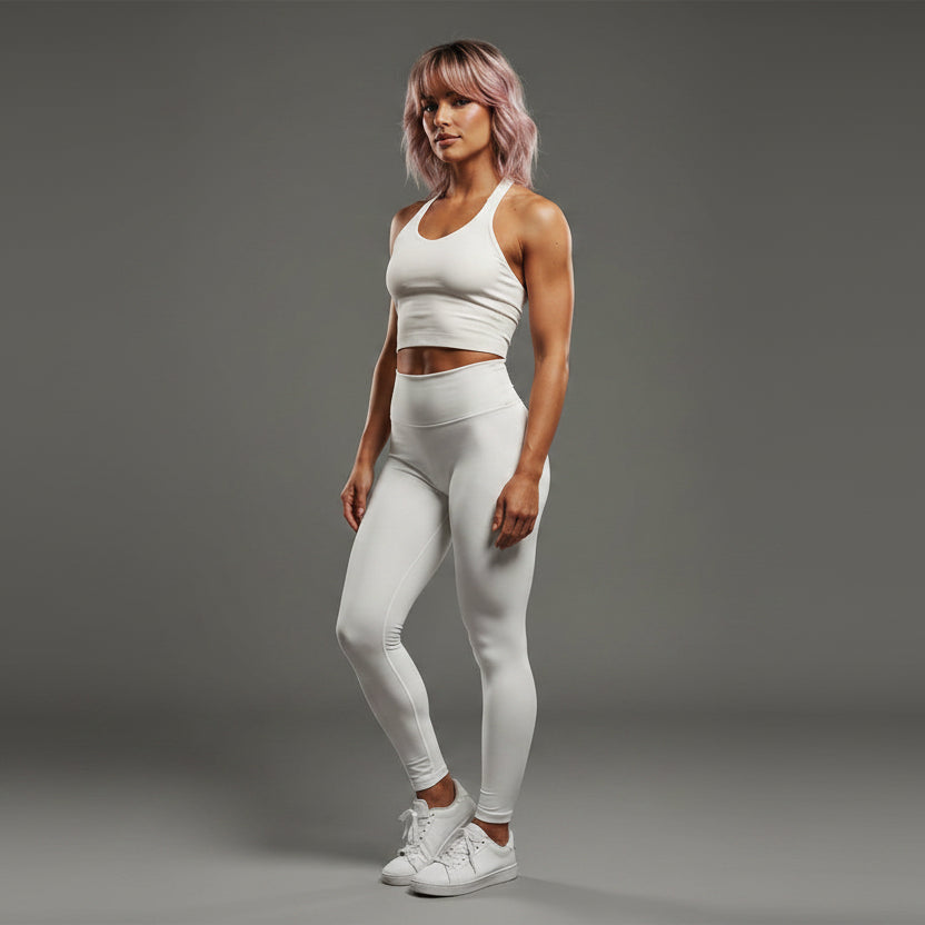 Women’s white longline halter top with fitted gym activewear style - AresFit