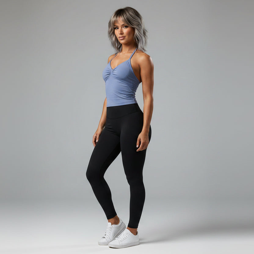 Women’s blue longline strappy tank top with breathable activewear style - AresFit