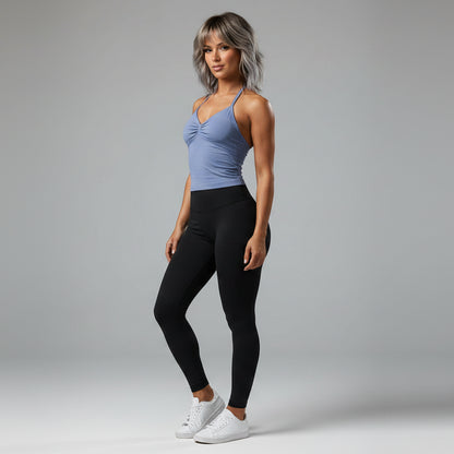 Women’s blue longline strappy tank top with breathable activewear style - AresFit