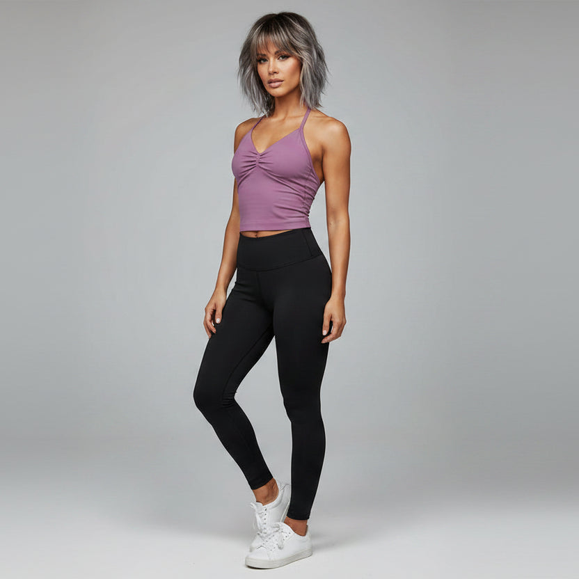 Women’s purple longline strappy tank top with breathable yoga style - AresFit