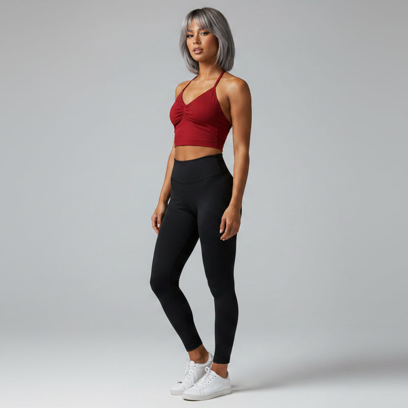 Side view of women’s dark red longline strappy tank top - AresFit
