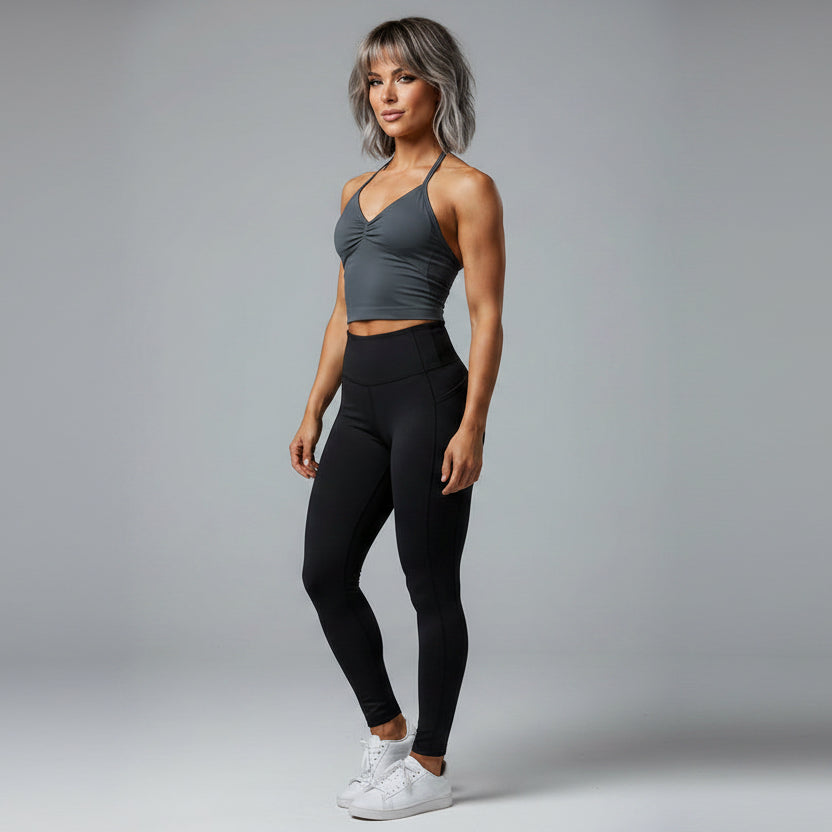 Side view of women’s red longline strappy tank top for workouts - AresFit