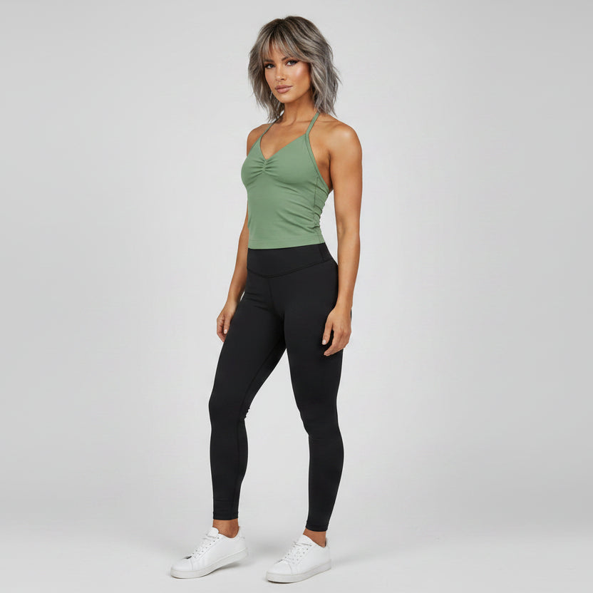 Women’s sage green longline strappy tank top with breathable activewear fit - AresFit