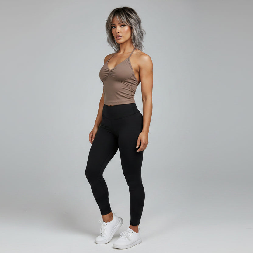 Women’s taupe longline strappy tank top with seamless gym style - AresFit