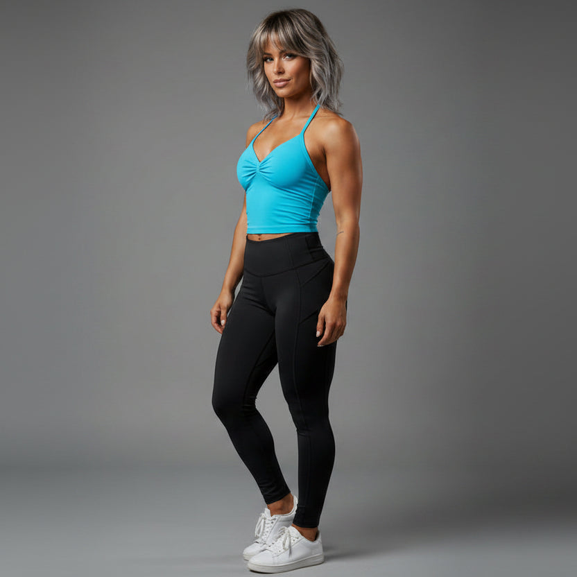 Women’s turquoise longline strappy tank top with soft stretch workout fit - AresFit