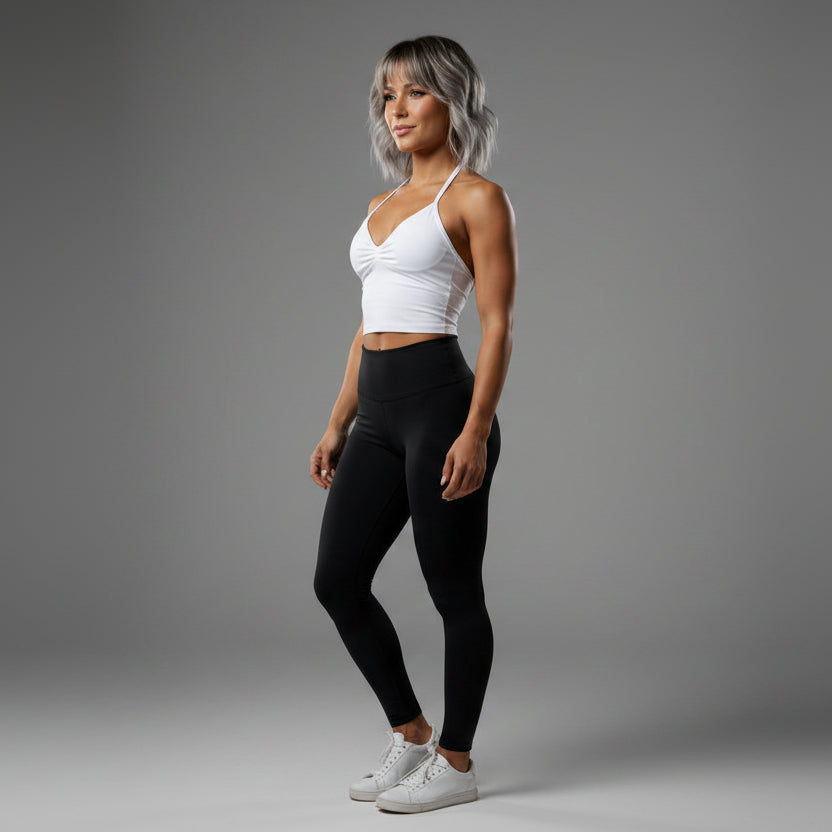 Women’s white longline strappy tank top with fitted workout style - AresFit
