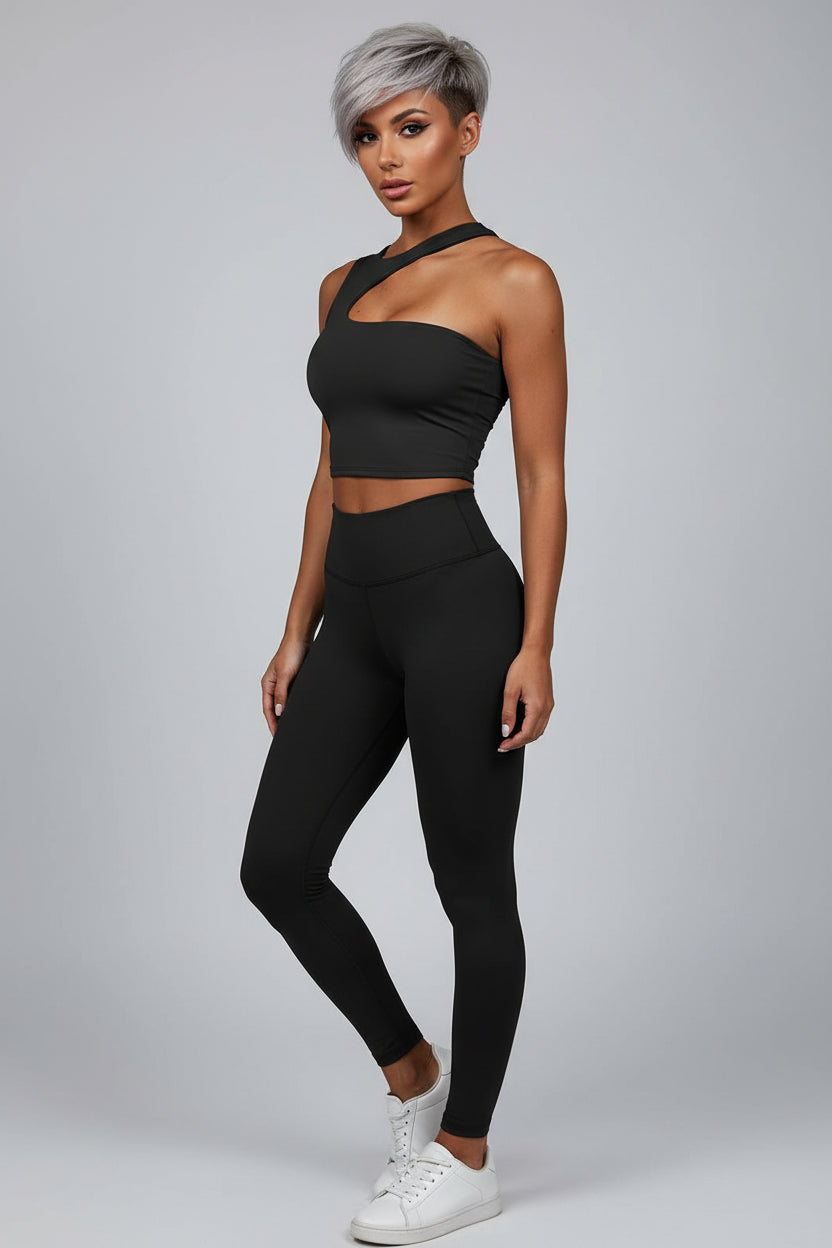 Women’s black asymmetrical one shoulder crop top with fitted gymwear style - AresFit